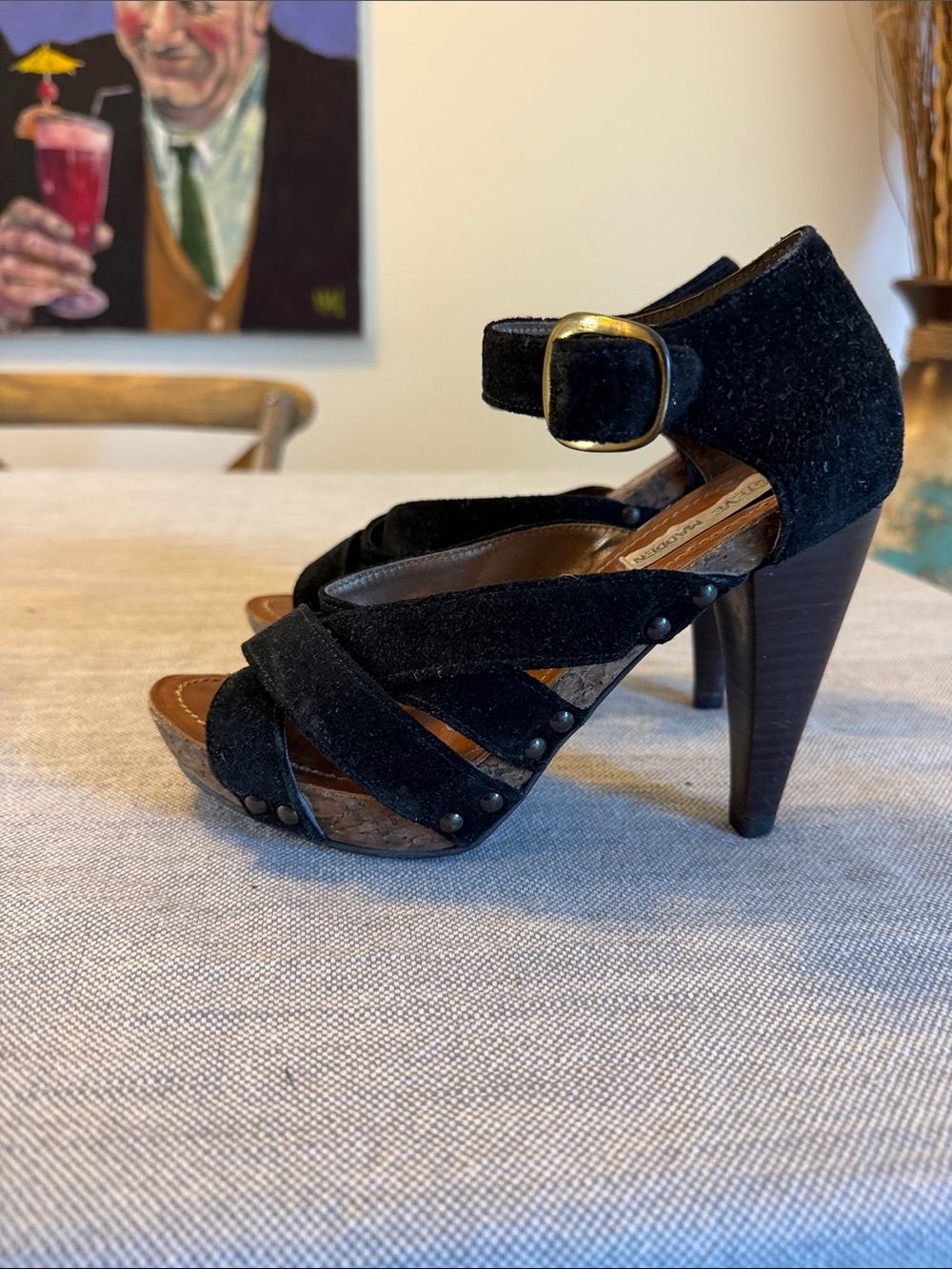 Steve Madden Black Suede Strappy Platform Heels with Gold Buckle